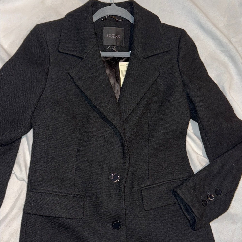 New Guess Black Multi Laurence 2 Button Blend Long Coat S